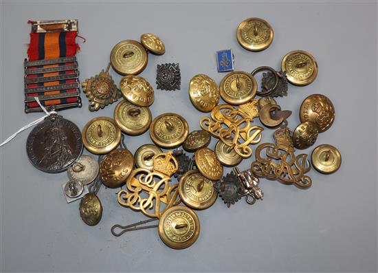 Queens South Africa medal, a quantity of Indian Army brass buttons, etc.,